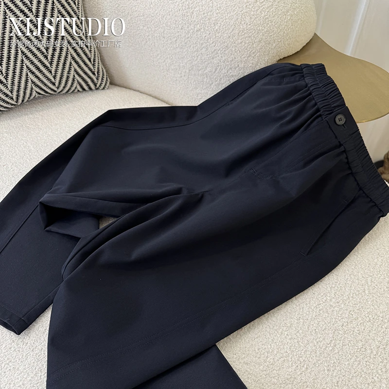 汐家女裤 春夏显瘦遮肉微阔版哈伦裤大码高腰微弹老爹裤休闲裤