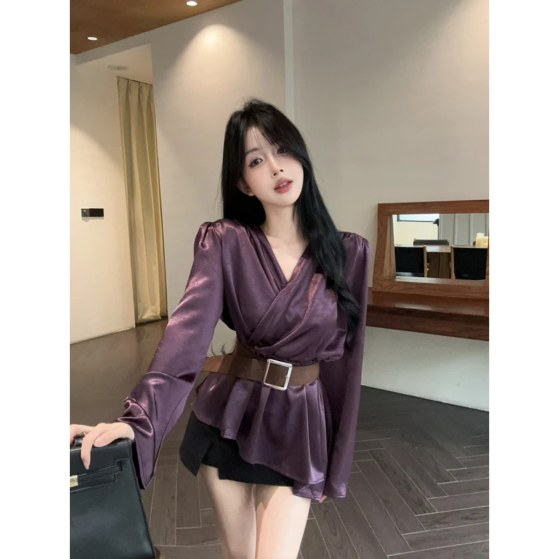 复古高级感缎面衬衫不规则气质上衣衬衫女春秋季收腰显瘦气质上衣