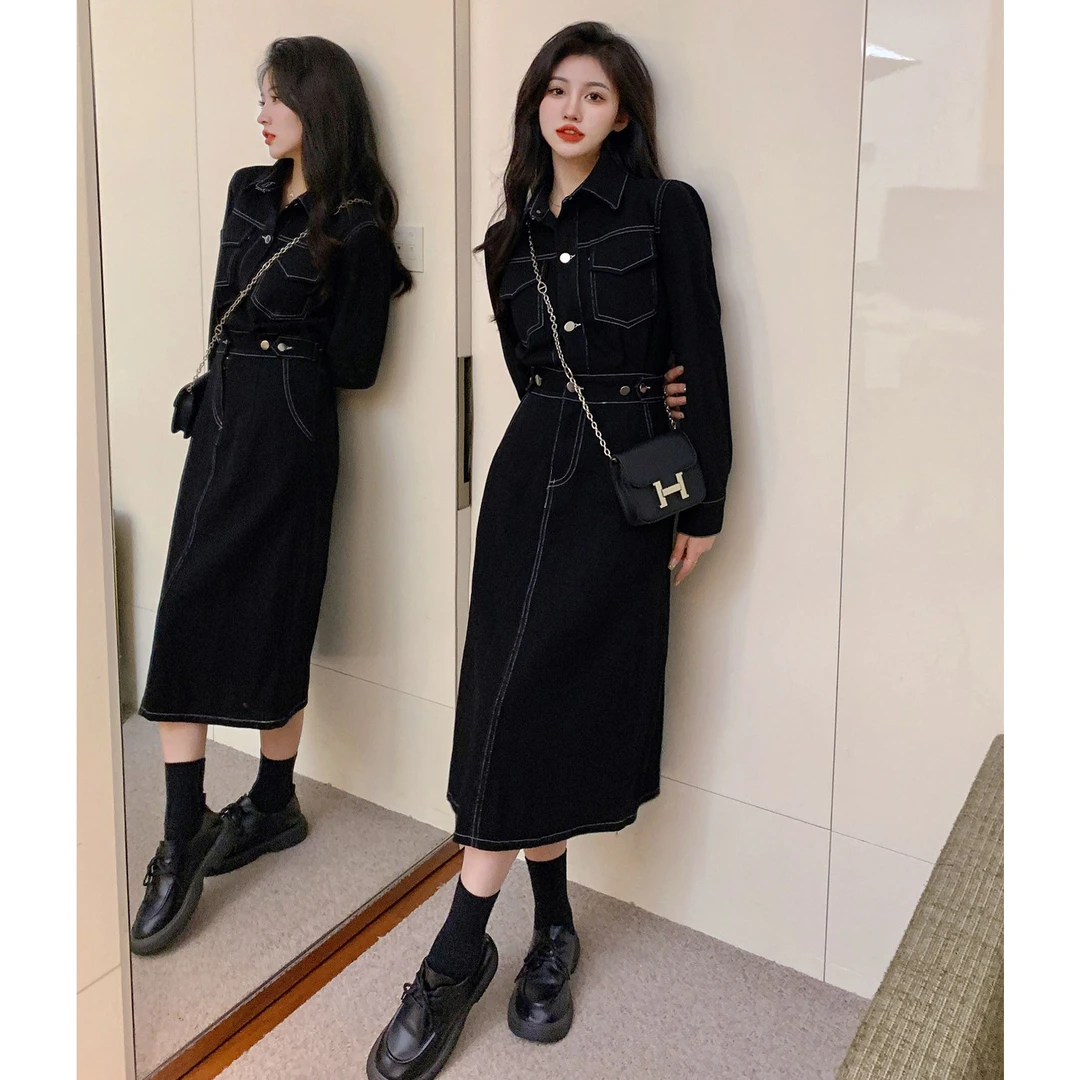 【璇子】大码女装春季长袖牛仔连衣裙女胖MM藏肉显瘦气质牛仔长裙子