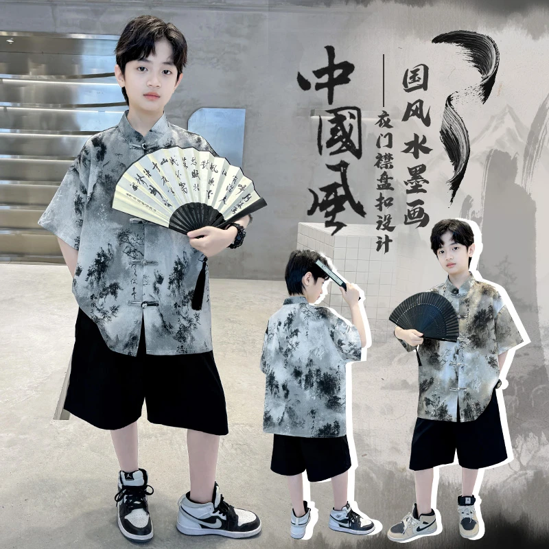 男童中国风套装夏季薄款2025中大童休闲韩版短裤短袖复古儿童夏装