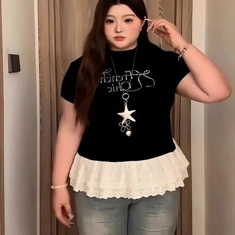 大码蝴蝶结烫钻拼接蕾丝花边短袖t恤女夏季新款修身显瘦正肩上衣