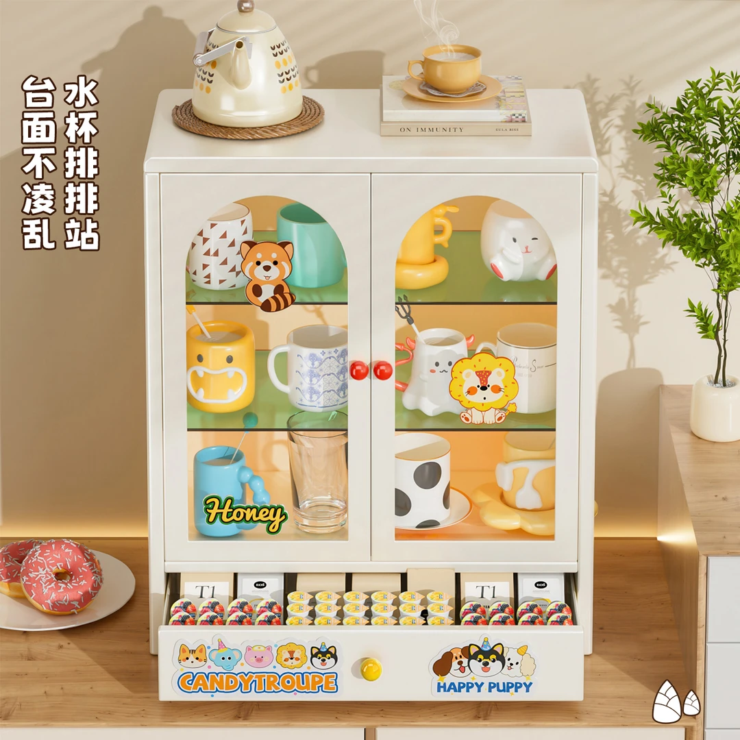 杯子收纳柜手办置物架双开门化妆品收纳盒桌面咖啡杯收纳防尘柜