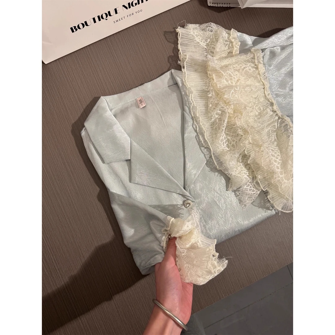 轻奢高级感青蓝色蕾丝拼接冰丝睡衣女2025春季大码家居服套装外穿