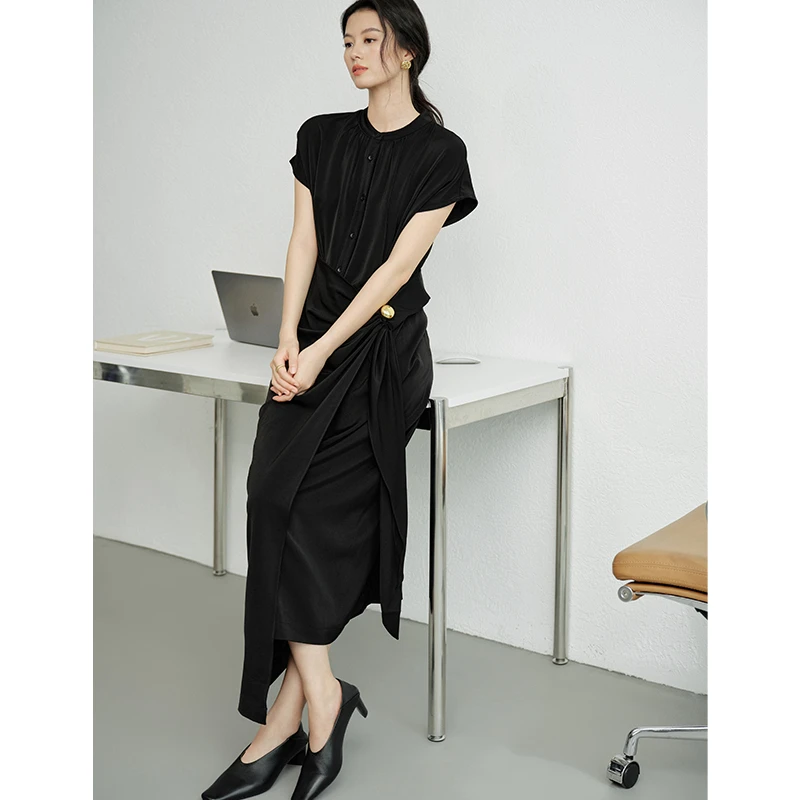 美洋MEIYANG 十年连衣裙 双面缎优雅立领短袖复古围裹式长裙-周一