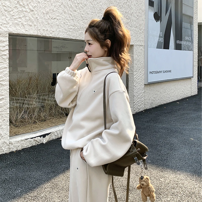 米白色韩系时尚运动风卫衣套装女2025春季新款高腰休闲长裤两件套