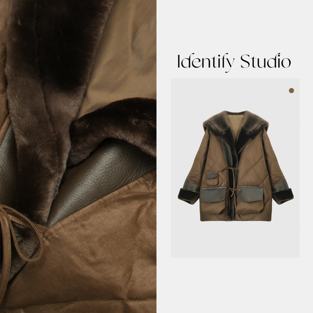 IDENTIFY冬季时尚毛皮翻领拼接设计亚麻羽绒外套25AWG112922