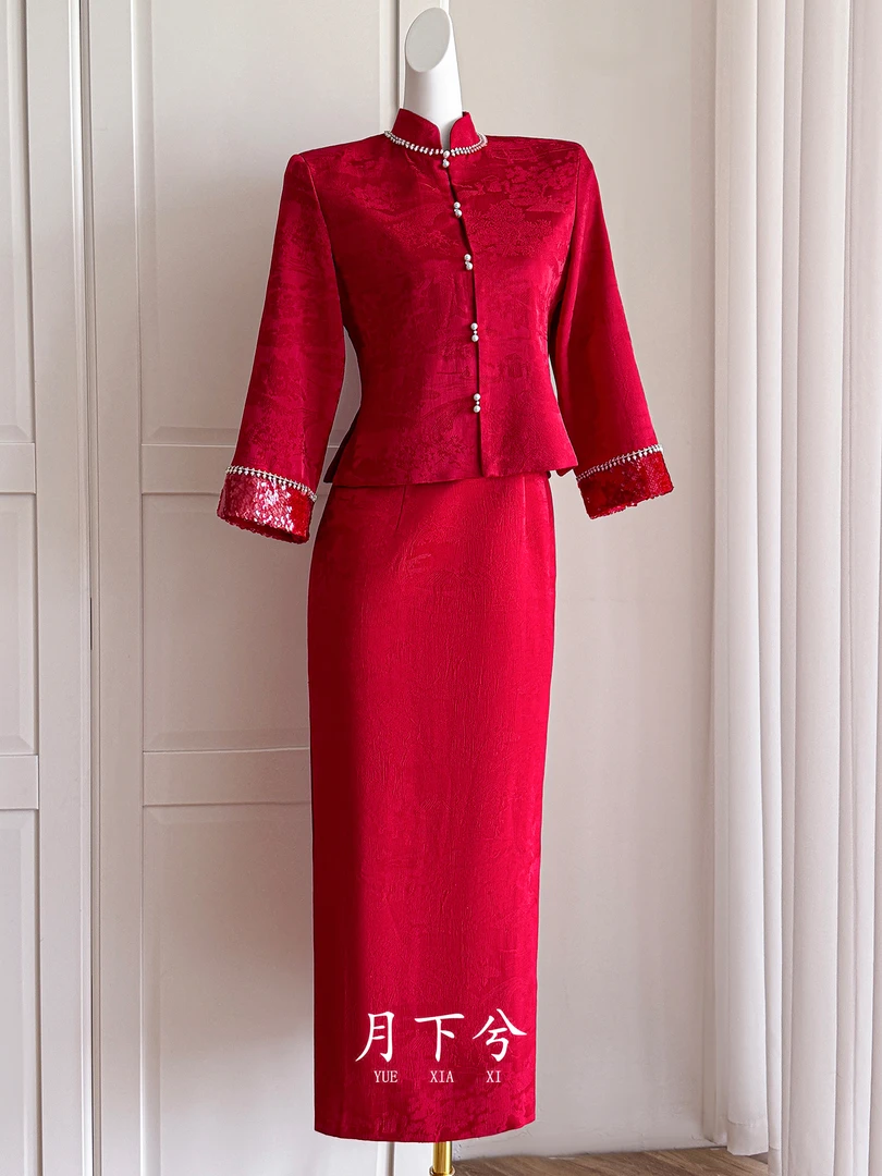 【月下兮-春皖】红色新中式旗袍敬酒服礼服嫁衣订婚回门服红色旗袍
