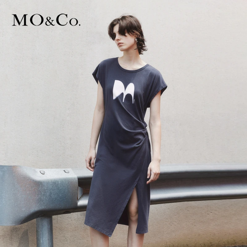【诗语专属】MOCO印花小飞袖高腰捏褶不规则开叉连衣裙MBD2DRST06