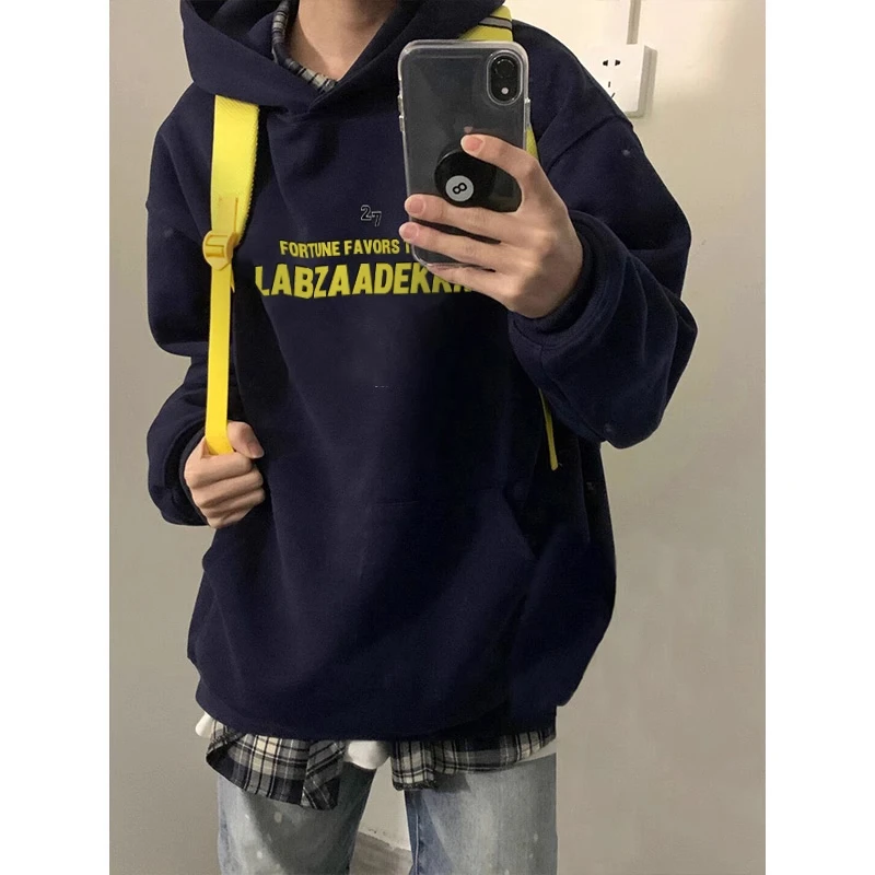 美式原创字母印花藏青色连帽卫衣男秋季潮牌简约百搭宽松上衣外套