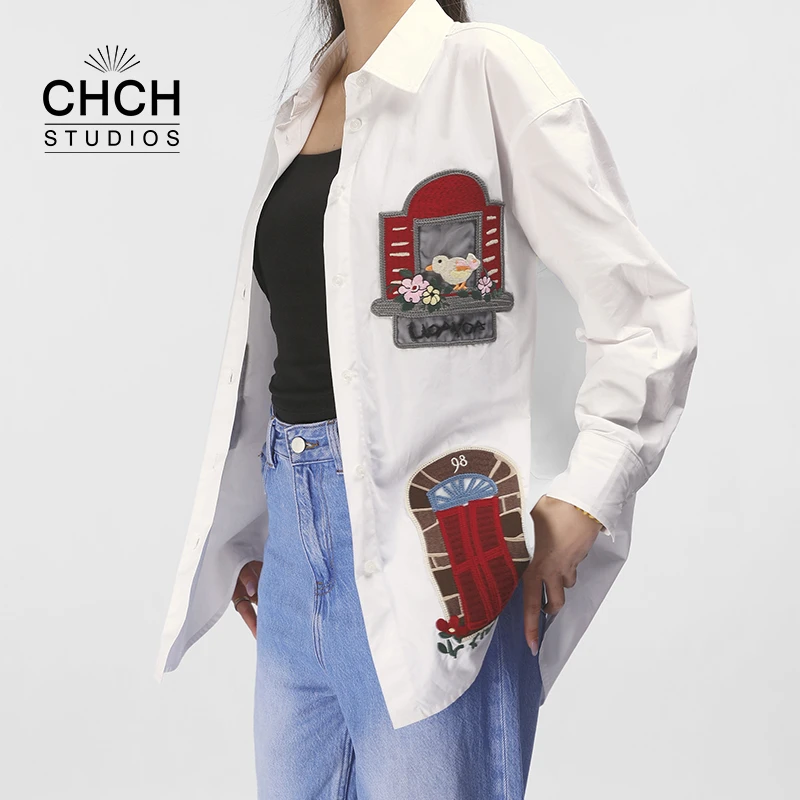 RAQCS22538A春季新款趣味房子手工刺绣条纹衬衫