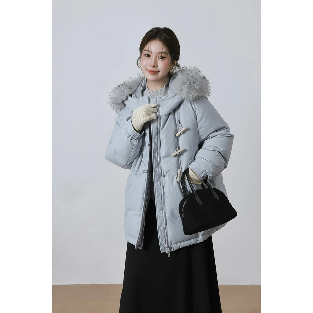 现货大婉酱微胖定制【雾凇派克】90白鸭绒羽绒服牛角扣外套 2011D