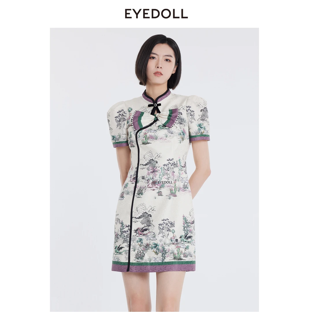 EYEDOLL夏季新款优雅气质蝴蝶结改良连衣裙