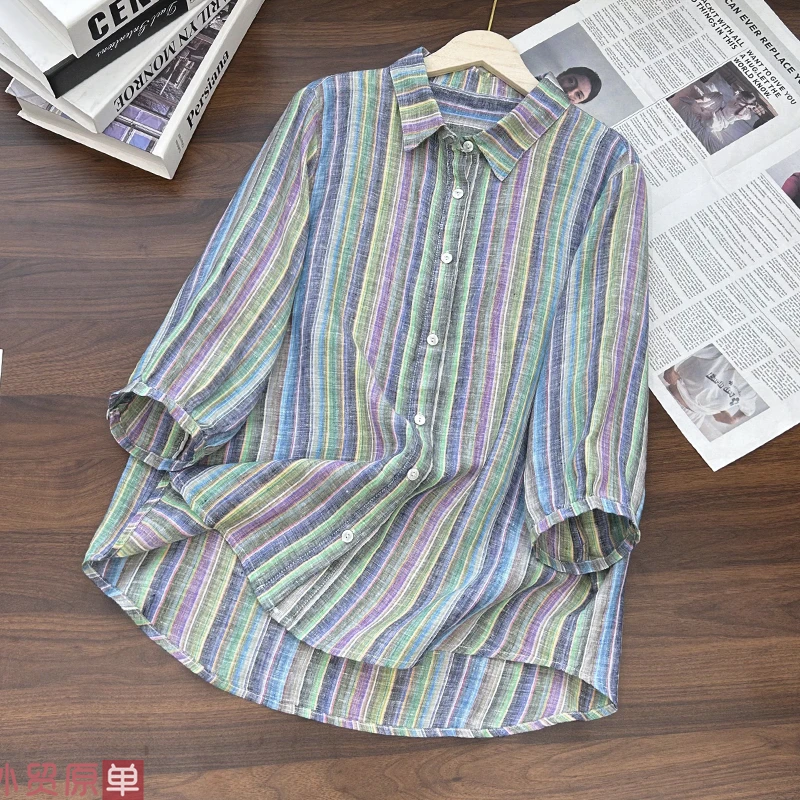 （复古彩条亚麻衬衫）951夏季新款时尚撞色竖条纹七分袖衬衣Z