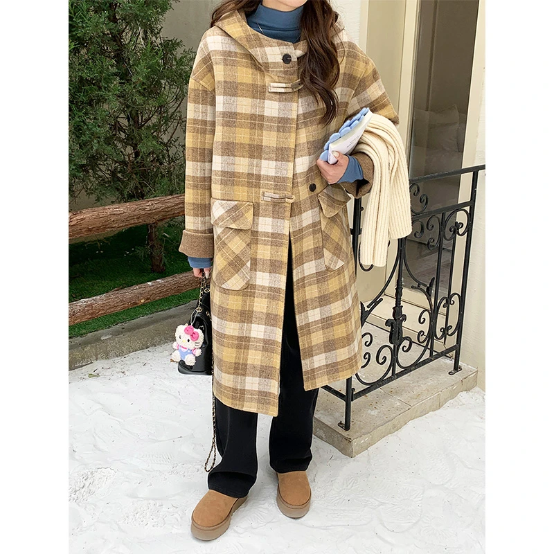 格纹连帽外套女冬装流行韩系学院风撞色格子中长款保暖大衣秋冬