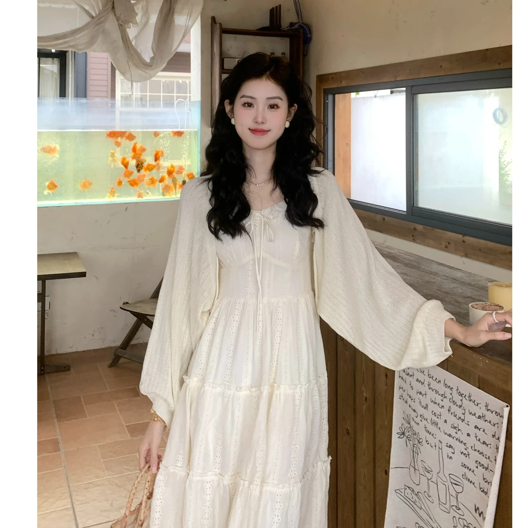 慕兔【粉丝专属】24459法式坎肩针织开衫收腰吊带连衣裙两件套装