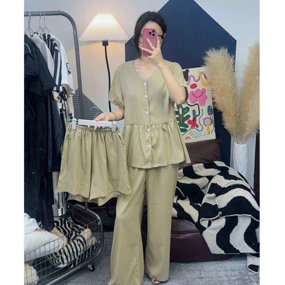 【天丝棉】2025年夏季新款天丝棉三件套简约休闲睡衣家居服套装