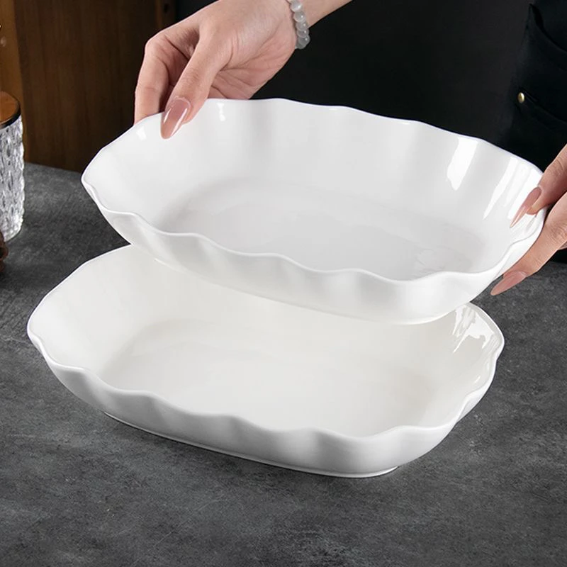 2只装 10.5英寸纯白陶瓷大鱼盘菜盘家用花边鱼盘荷叶边高颜值