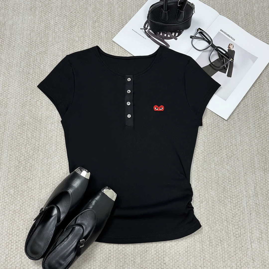 美式辣妹复古排扣正肩休闲短袖T恤-ZMADT5099