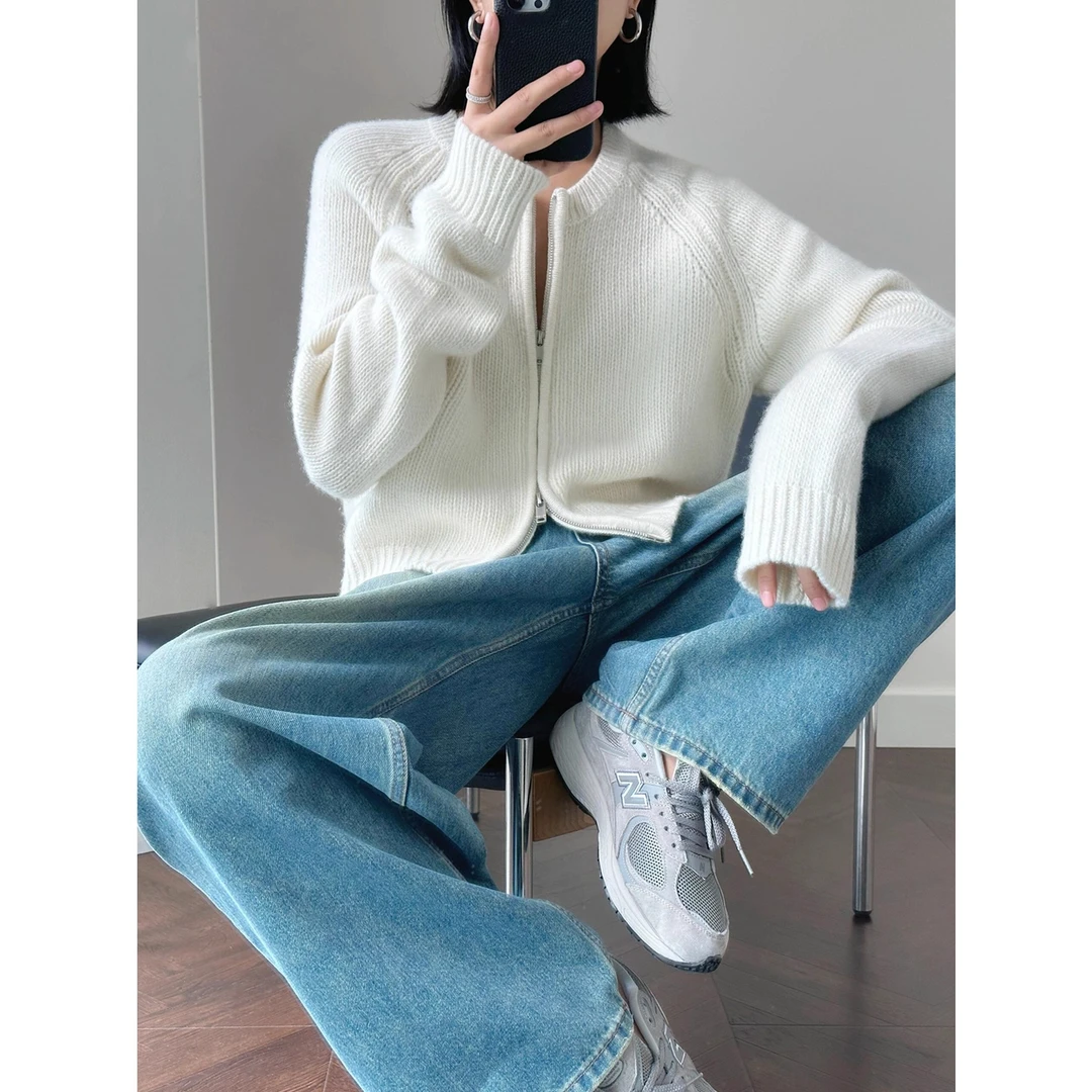 2025秋冬新款针织开衫毛衣外套女加厚百搭外穿韩版宽松双拉链上衣