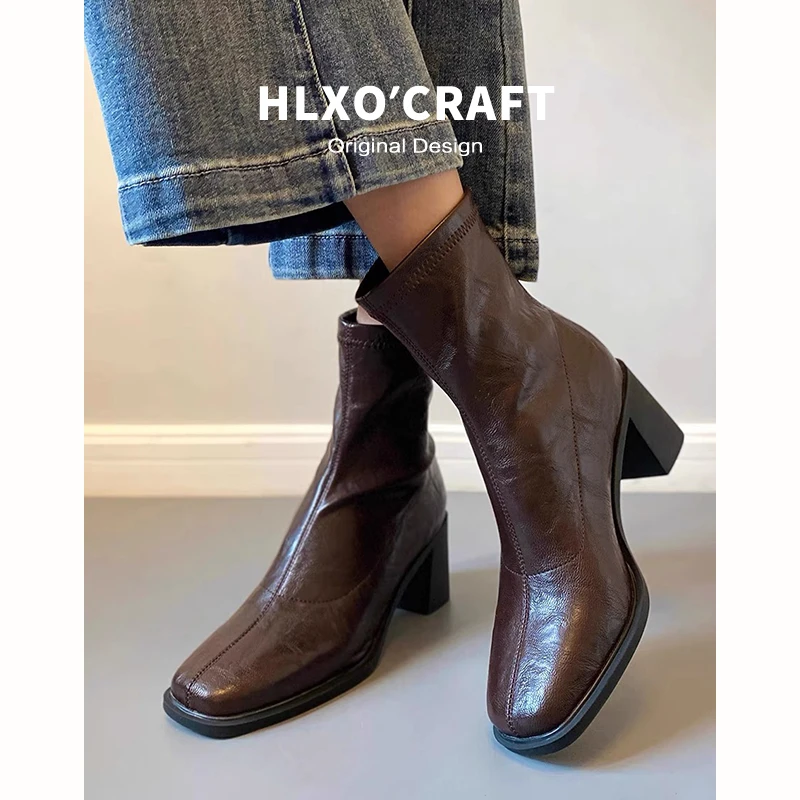 2025新款真皮覆古粗跟弹力短靴秋冬加绒马丁靴瘦瘦靴女高跟通勤