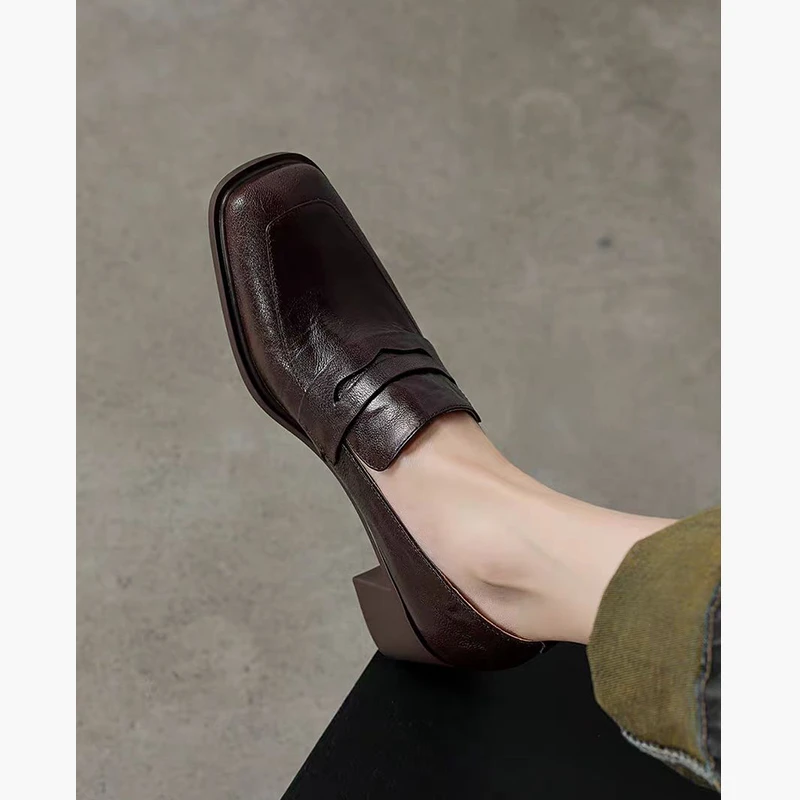 英伦风复古方头乐福鞋女粗跟高跟小皮鞋单鞋女春秋