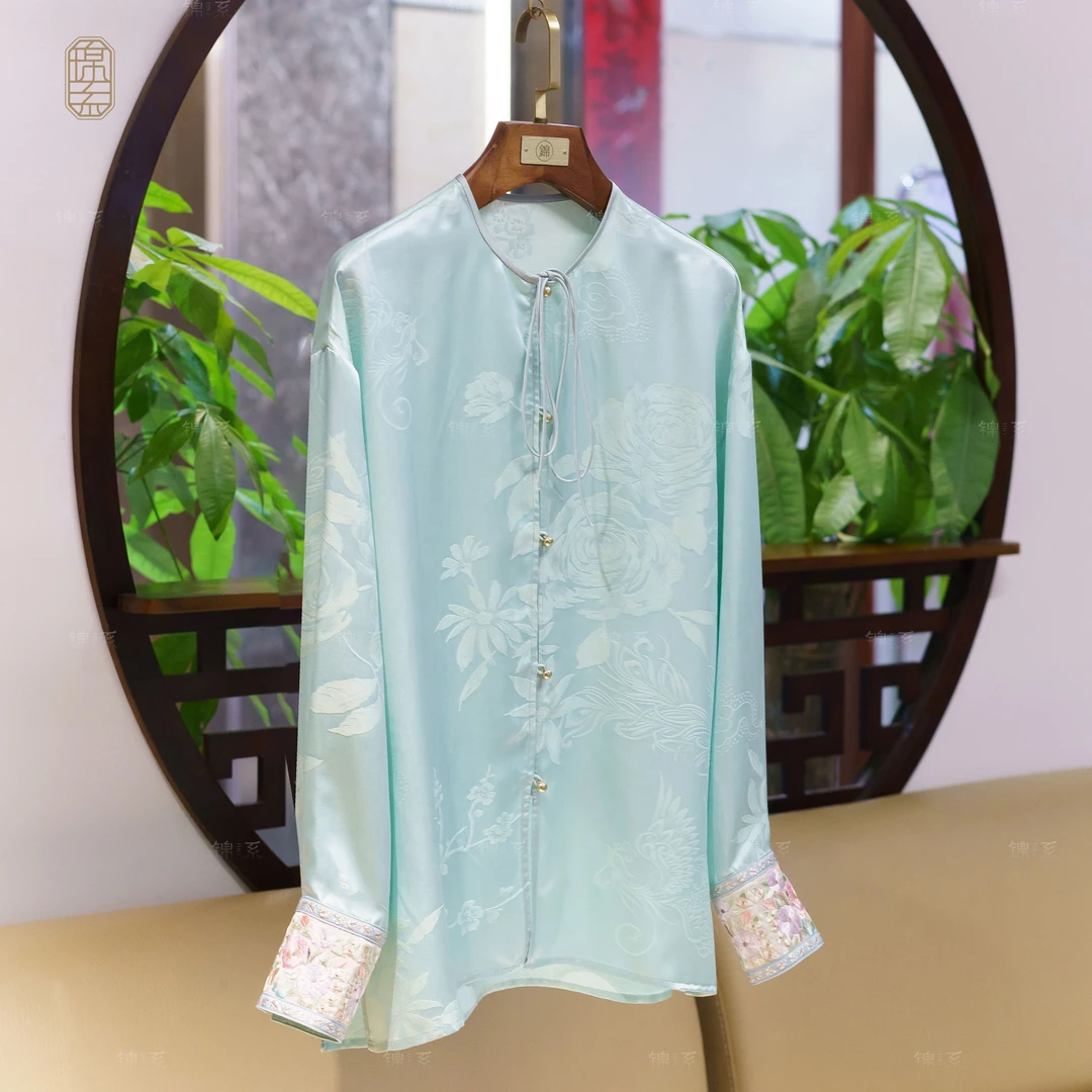 【锦系~新款】真丝提花新中式国风桑蚕丝袖口撞色长袖上衣-C-391334