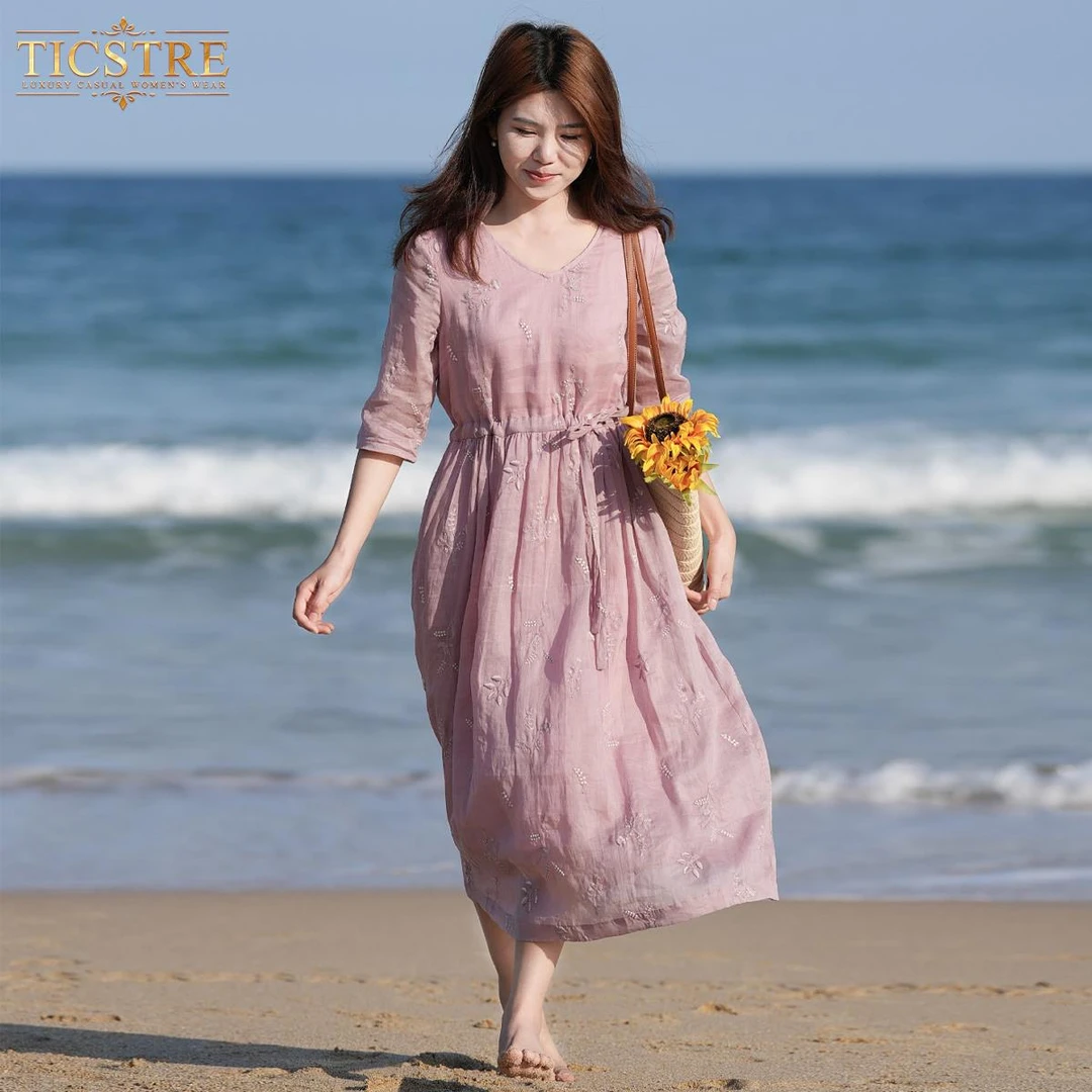 TICSTRE2025夏季新款苎麻领收腰显瘦连衣裙刺绣高端系带连衣裙女