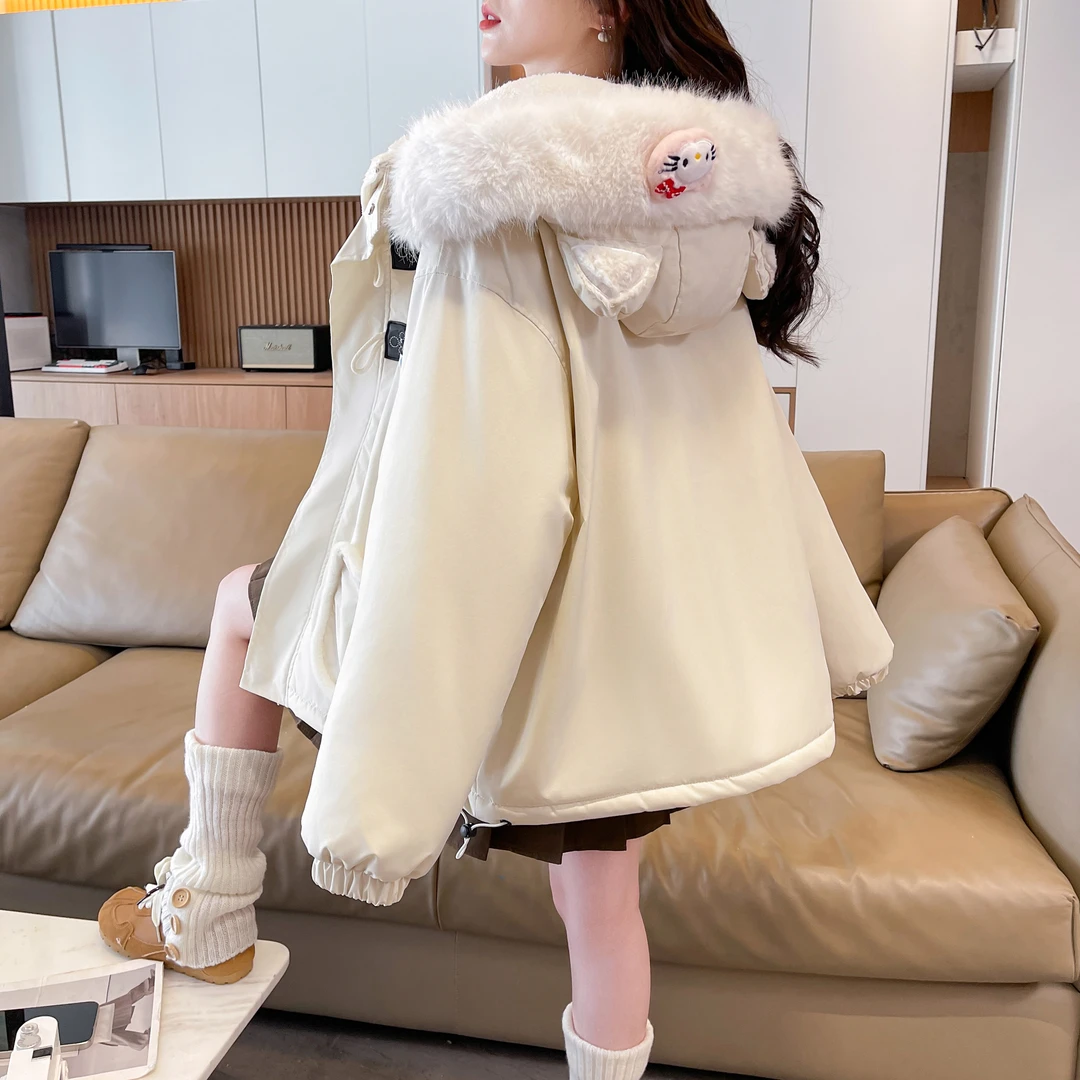 学院风加绒加厚棉服外套女冬季2025新款初中高中学生宽松保暖棉衣