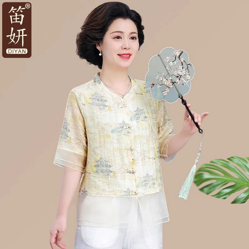中年妈妈夏装套装短袖雪纺衬衫洋气中老年人女小衫上衣母亲节衣服