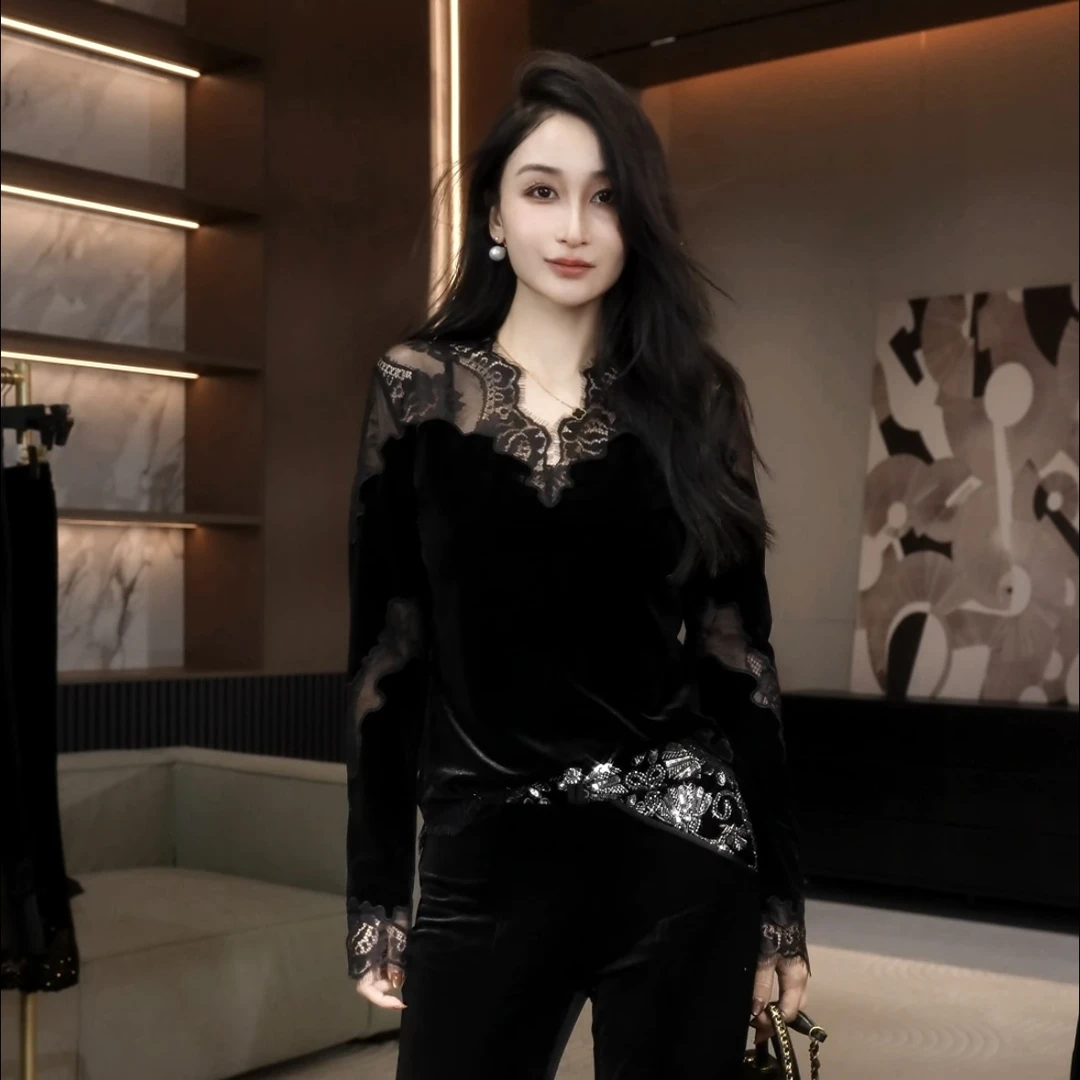 丽丽家 轻奢蕾丝拼接丝绒高级感拼接显瘦上衣A197