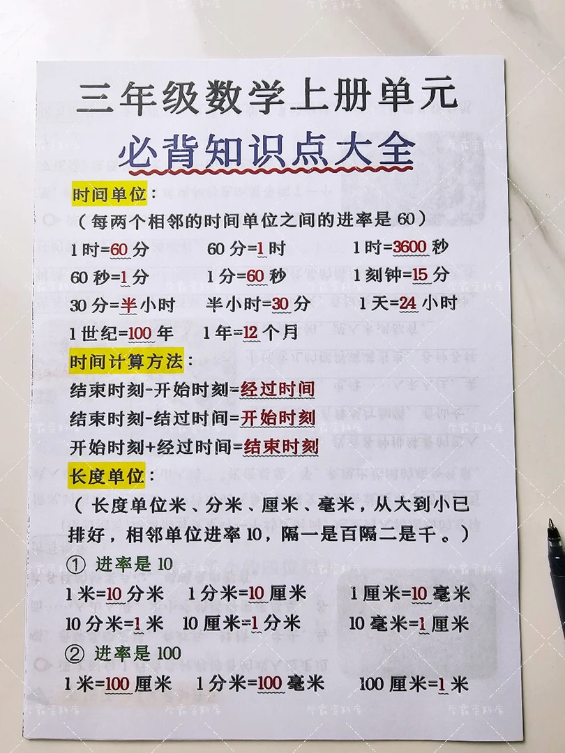 秋季三年级数学上册人教版必背知识大全
