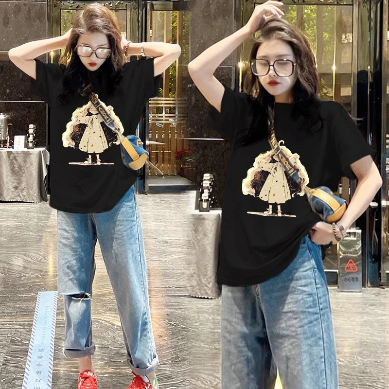 重磅纯棉正肩短袖T恤女夏季2025新款美式复古大码宽松显瘦上衣ins