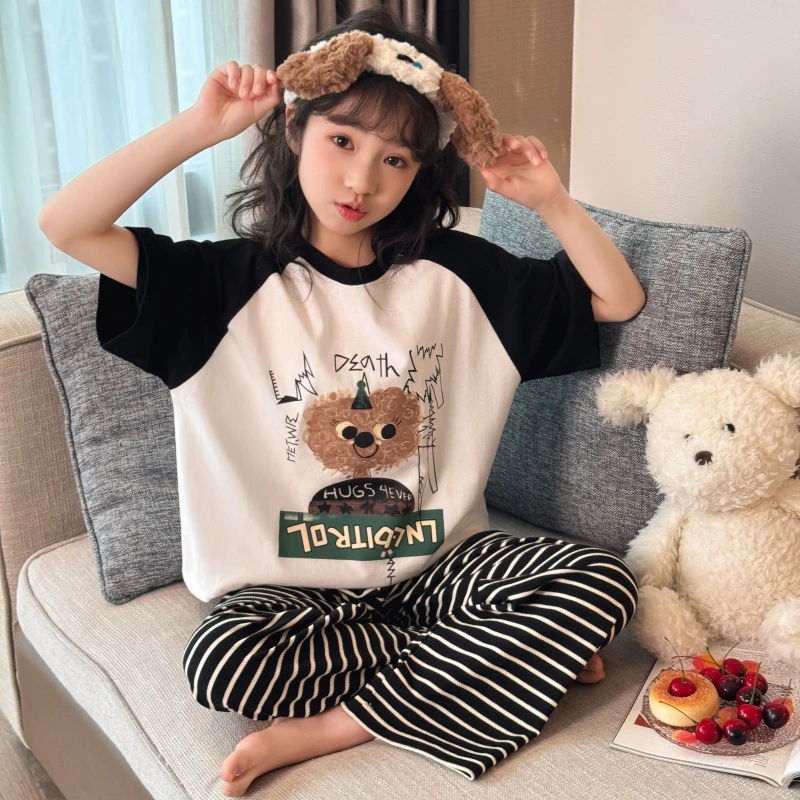 女童短袖长裤睡衣儿童大童夏季薄款棉家居服套装6-12岁女孩空调服