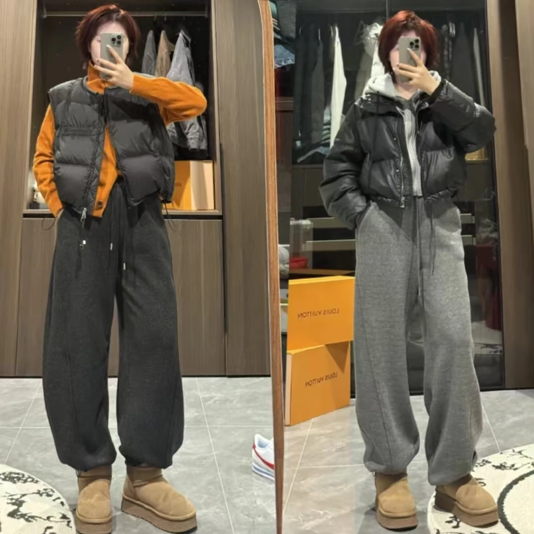 【敏吖专属】羊绒毛呢冬新款韩版加绒加厚阔腿裤女高腰保暖弯刀裤