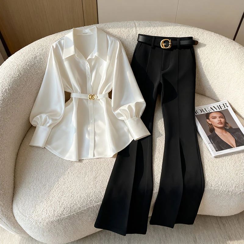 高级感洋气时尚百搭收腰衬衫女款秋季新款高腰减龄黑色裤子两件套