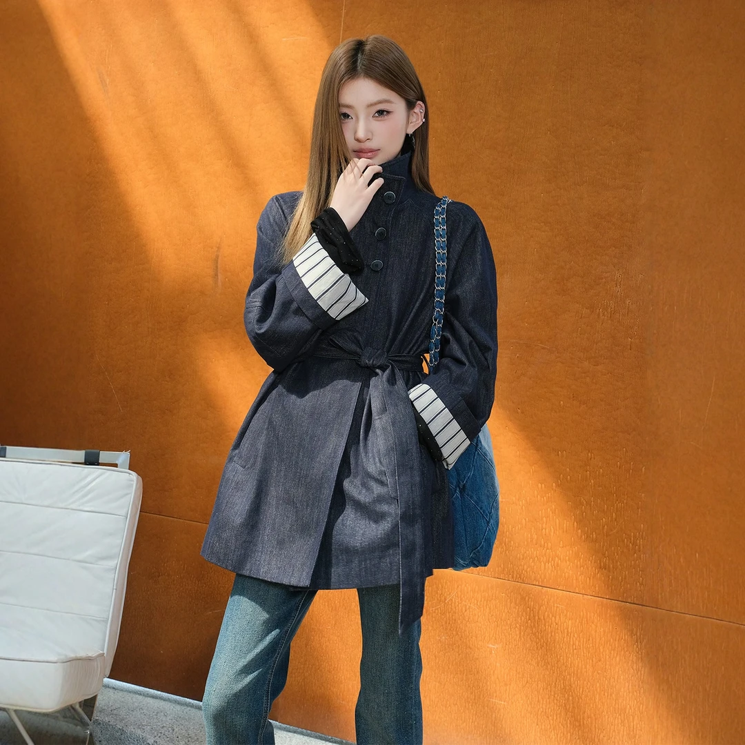 【现货】MIUCO复古通勤立领牛仔风衣女25秋新款宽松休闲中长款小