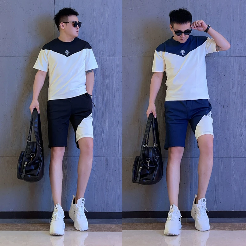 欧洲站撞色拼接短袖短裤两件套男夏季高级感轻薄透气运动休闲套装