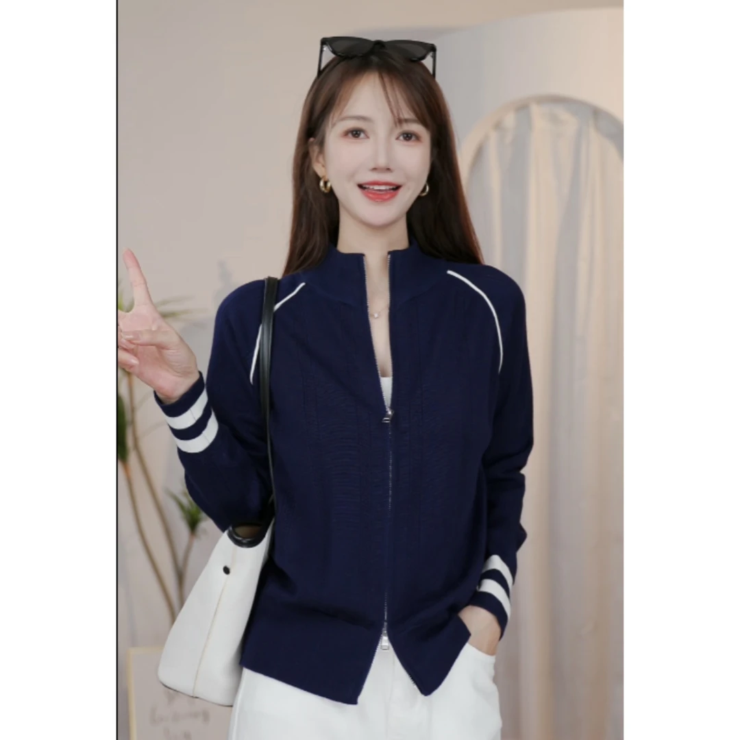 韩系学院风立领拉链长袖针织开衫女秋冬外穿毛衣外套  502