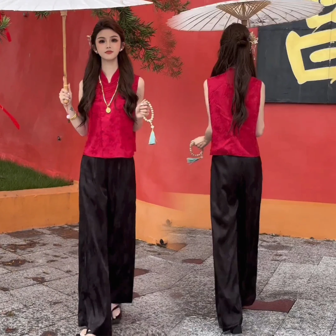 时尚新中式国风套装女2025夏季新款洋气无袖上衣阔腿裤气质两件套