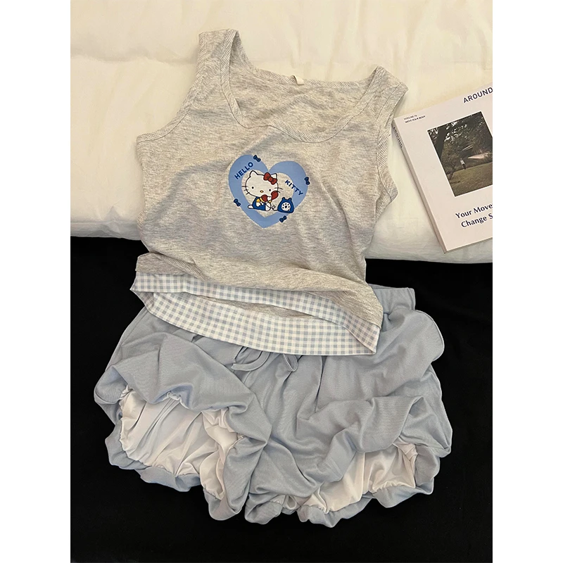 【假两件Kitty】韩系可爱睡衣女夏季新款背心短裤可外穿家居服套装