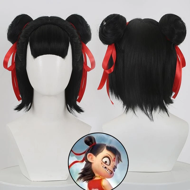 哪吒之魔童降世哪吒幼年版黑色双丸子头古风超萌可爱cosplay假发