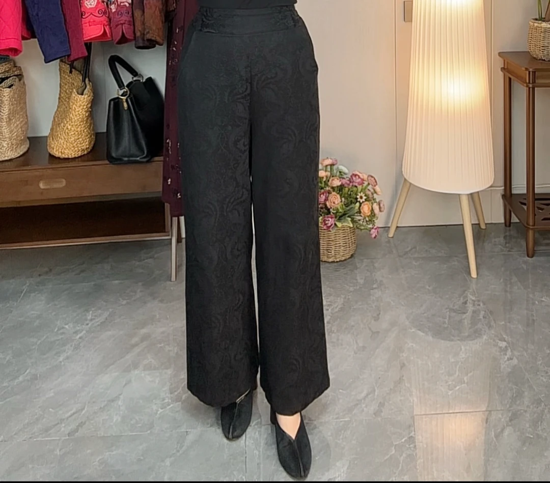 新款提花棉全松紧腰复古国风休闲裤宽松棉麻直筒裤女士长裤2507