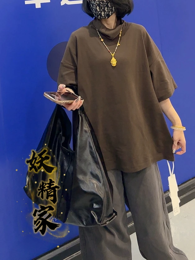 7767【妖精家】短袖纯色常规款T恤休闲风慵懒风磨毛五分袖落肩袖