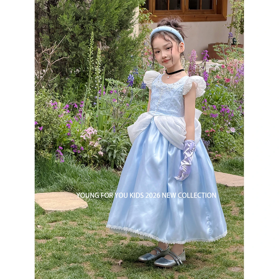 YFY夏季女童高定蓝色灰姑娘辛德瑞拉公主裙连衣裙蓬蓬裙女童夏装