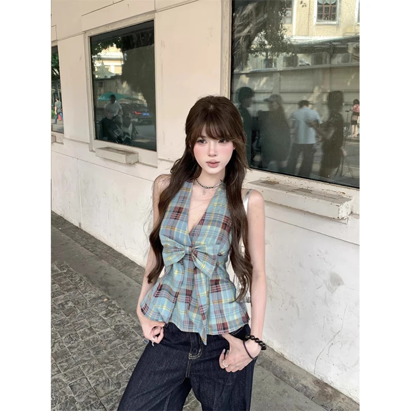 韩系甜辣V领撞色格纹吊带背心女夏季新款复古chic蝴蝶结挂脖上衣