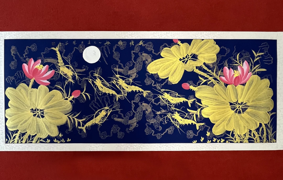 607六尺77x203cm荷塘雅趣蓝荷虾已裱片书房客厅办公室手工装饰画