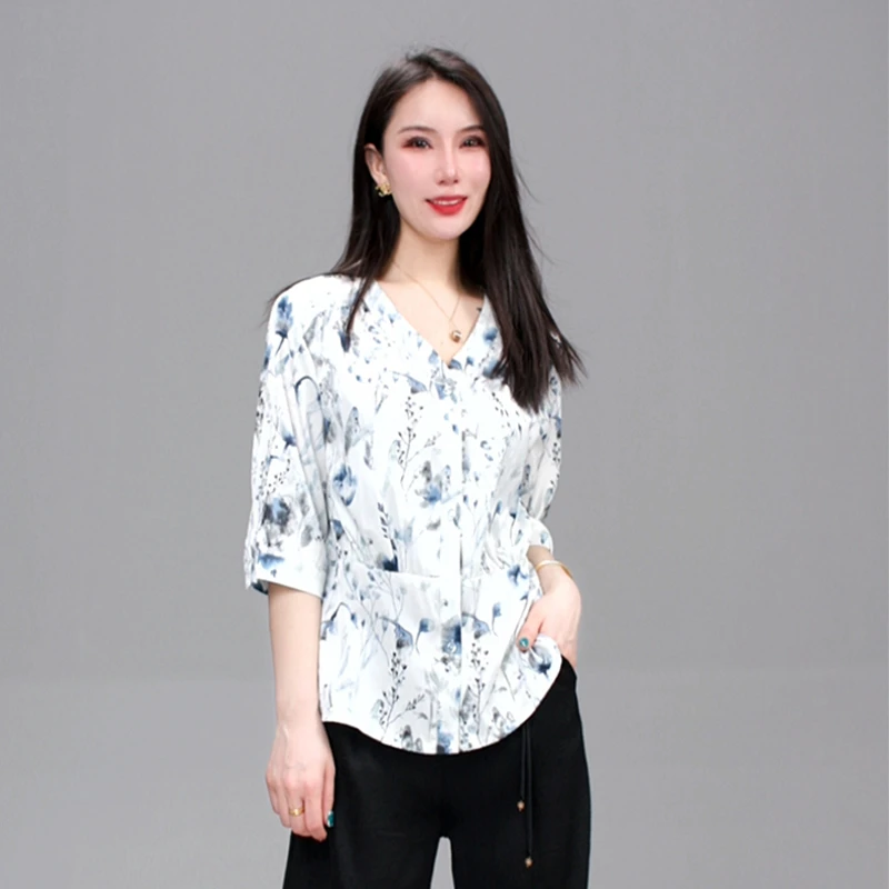 2025新款V领衬衫印花半袖开衫上衣AD03081626