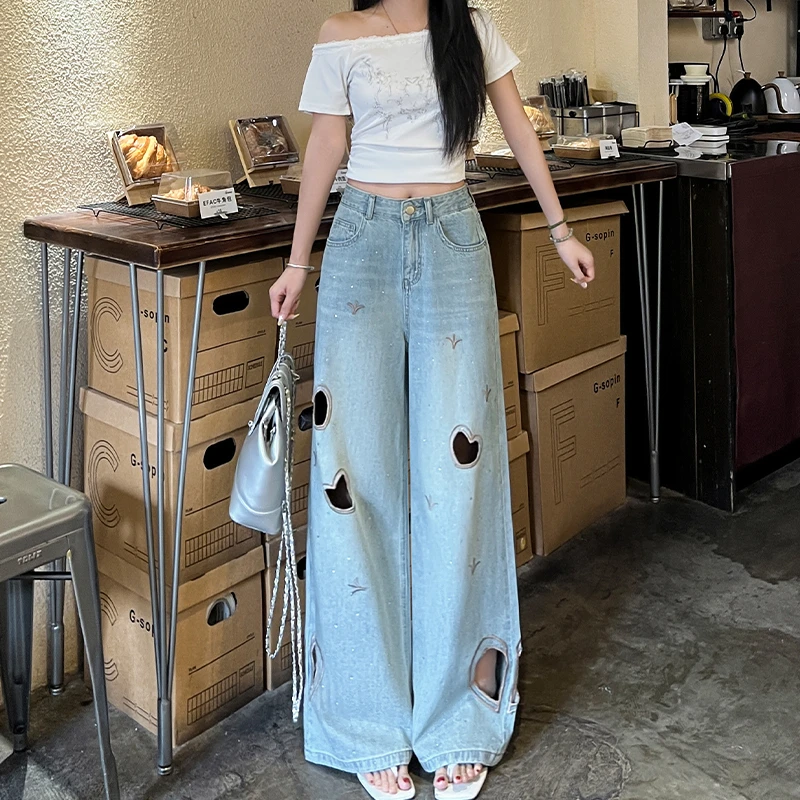 浅蓝色爱心镂空烫钻重工牛仔裤女2025秋季高腰阔腿宽松小个子百搭