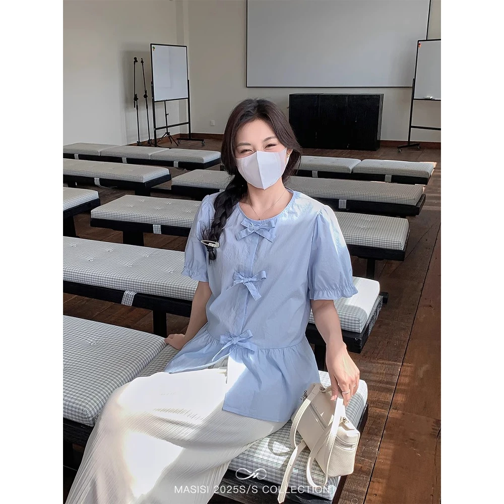 特大码300斤女装蝴蝶结正肩泡泡袖衬衫夏季胖mm宽松显瘦减龄上衣