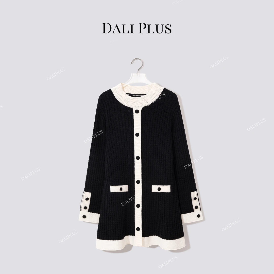 DALI PLUS“黑白撞色小香风针织裙”轻奢气质中长款连衣裙-D5SZ8252